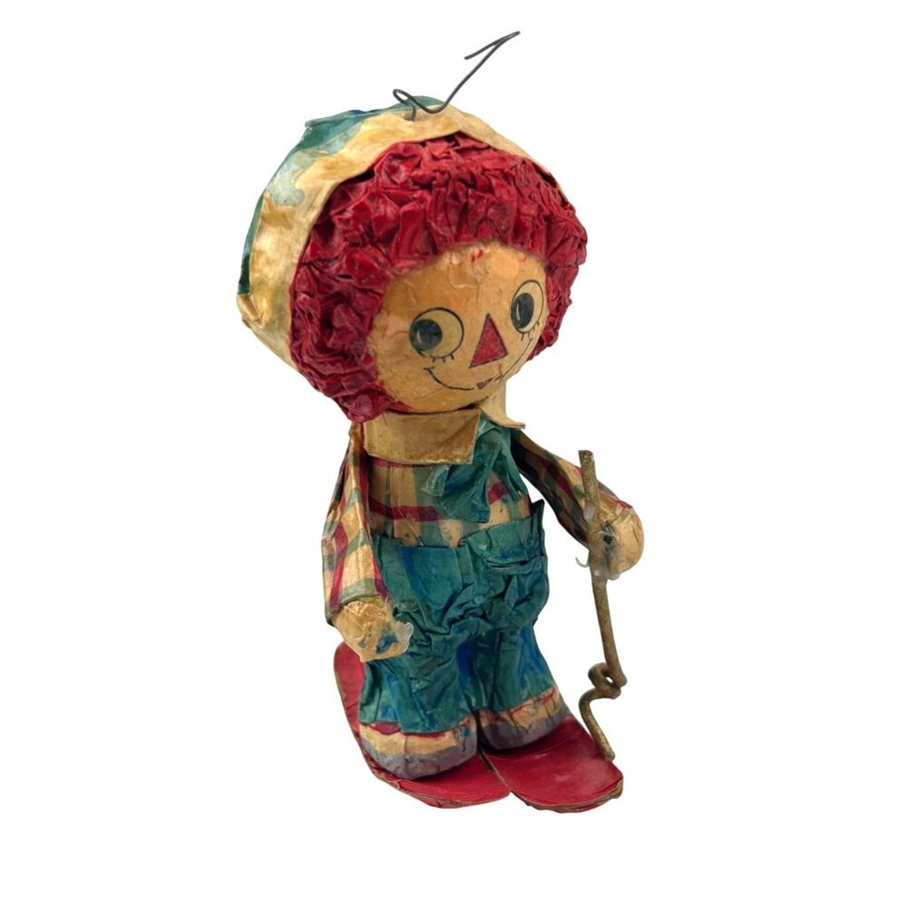 Rare Paper Mache Raggedy Andy Skiing Ornament Vintage Handmade Christmas READ